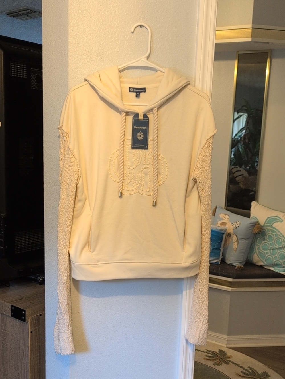 Democracy Cream Pullover Hoodie with Bouclé Sleeves Brand New